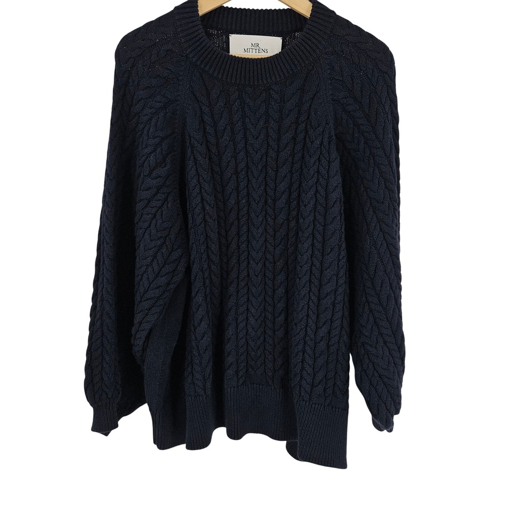 I Love Mr Mittens Cable Knit Sweater Navy Blue Crewneck Oversized Pullover M/L